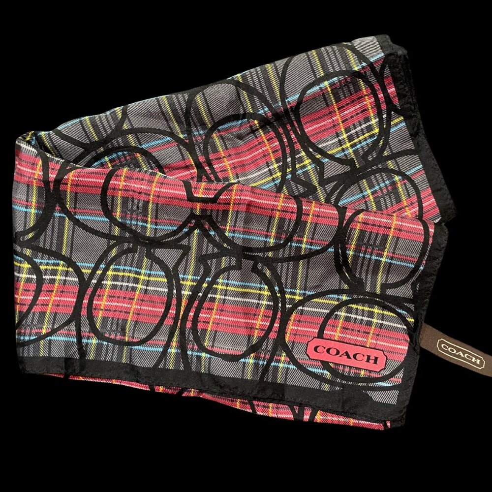 VTG Coach Tartan Plaid Signature C Pattern 21" Scarf Black Red 100% Silk RARE
